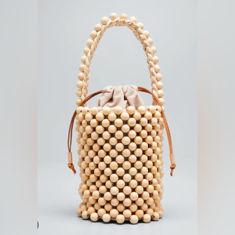 NWT Aranaz Punto Wood Beaded Bucket Bag